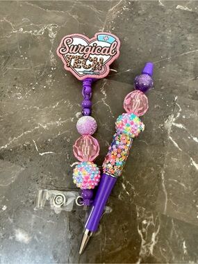 Surgical Tech Purple Glitter Beaded Pen and Matching Badge Reel Set Handmade